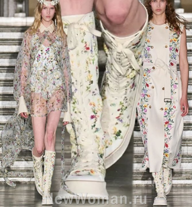 нарядный весенне-летний образ  сапогами в стиле тотал-принт - женская мода 2024 года из Италии