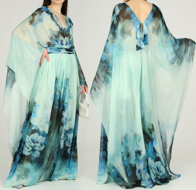 шелковое платье в пол с крупным цветочным принтом и рукавами "крылья дракона"