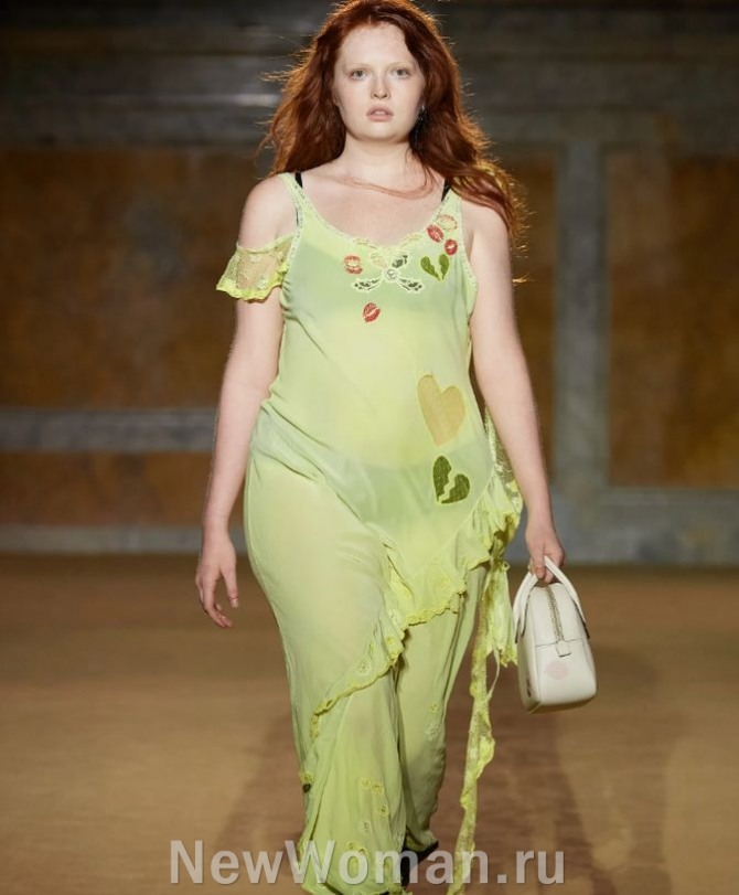 полупрозрачное шифоновое платье салатового цвета, модное летнее платье 2024 для полной девушки