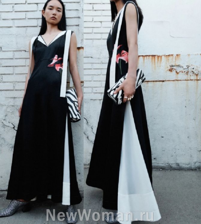 Бренд - 3.1 Phillip Lim RESORT 2024, элегантное длинное черное платье с белыми боковыми вставками и белым отложным воротником