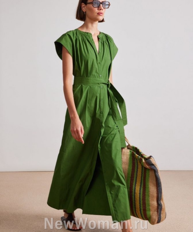 летнее платье-рубашка из зеленой плащевки - с поясом и цельнокроеными короткими рукавами, платье-рубашка без воротника