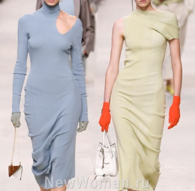 модные трикотажные женские платья сезона весна-лето 2024 года, трикотажные платья с вырезом на одном плече или с асимметричными плечами