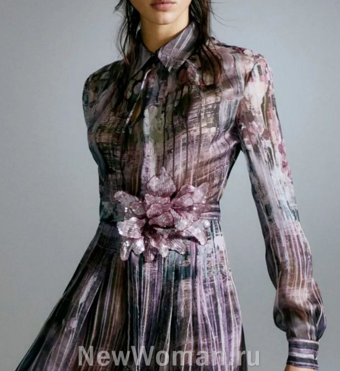  вечернее платье-рубашка из шелка с полосато-цветочным рисунком ткани, платье с большим объемным цветком на талии