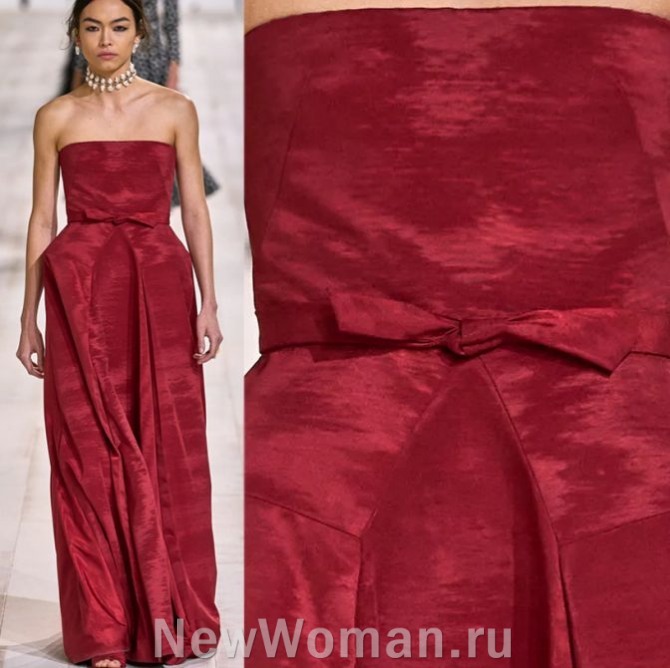 вечернее платье в пол из муаровой ткани темно-макового цвета