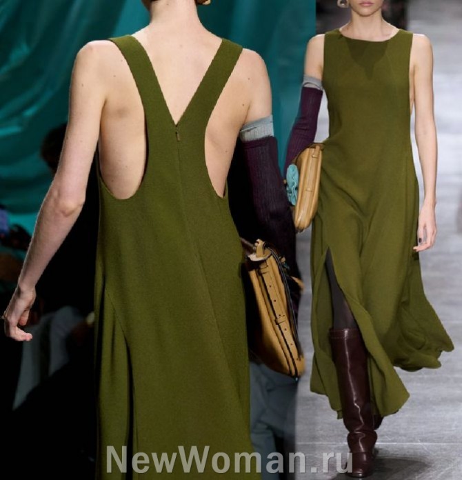 платье-сарафан болотного цвета расклешенное с боковыми разрезами на юбке от бренда Fendi, FALL 2024 READY-TO-WEAR, Милан