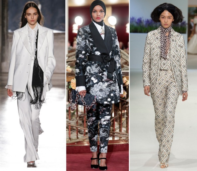 какие деловые костюмы модные в 2019 году - смотрим брюки с жакетом от дизайнеров Alberta Ferretti, Dolce & Gabbana, Giambattista Valli