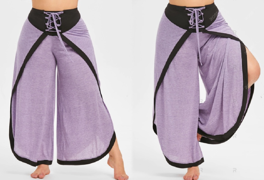 трикотажные широкие брюки палаццо с кокеткой на бедрах и овальной контрастной отделкой по низу штанин