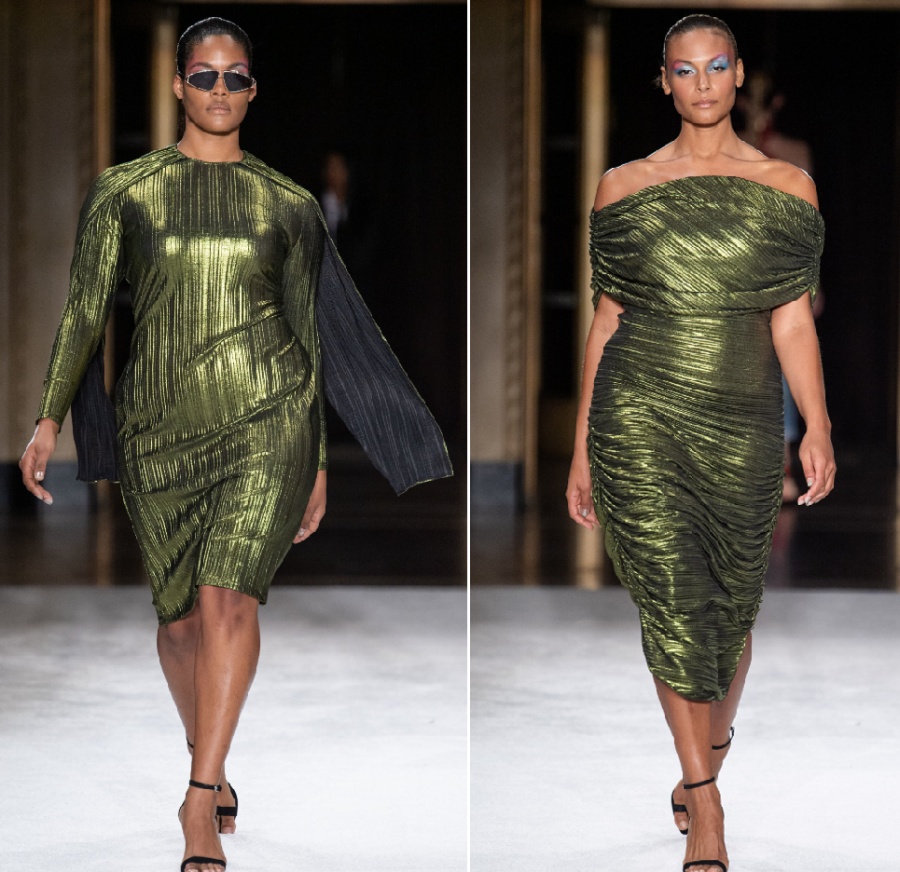 платья для пышек 2020 года от стилистов модных домов - вечернее платье  из блестящей металлизированной ткани цвета травы