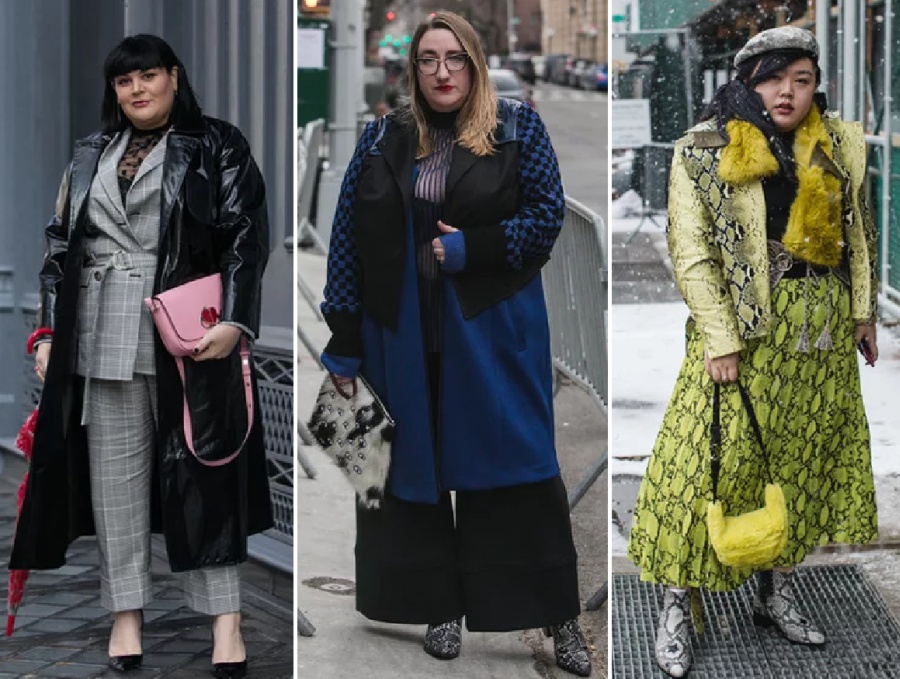 полные дамы на улицах Нью-Йорка в верхней демисезонной одежде