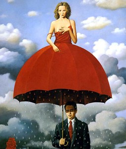 женщина-зонтик в красном платье