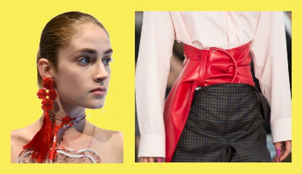 Модные аксессуары весна 2017 - красные серьги с кистями и широкий красный кожаный пояс