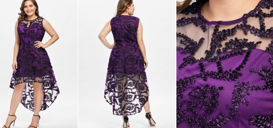 вечерняя летняя мода для полных 2018 - сиреневое кружевное гипюровое платье маллет на подкалде