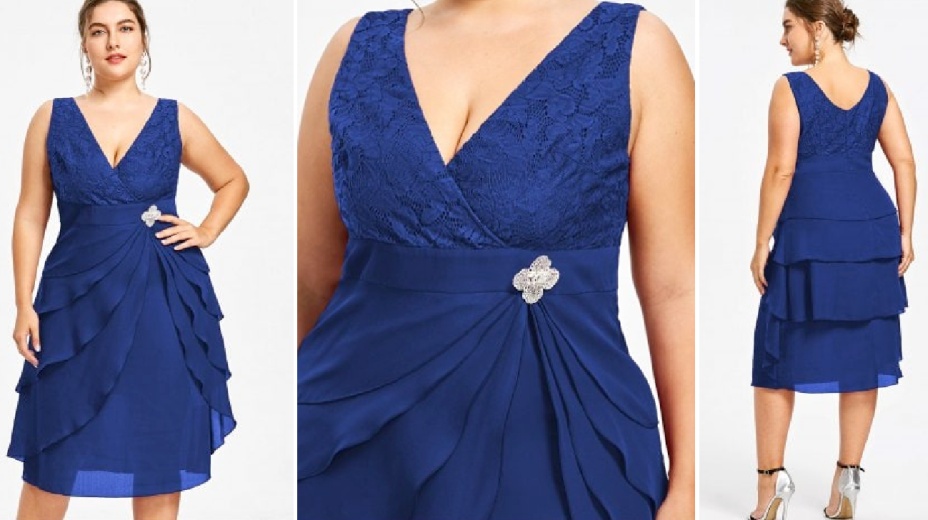красивое синее платье большого размера с воланами без рукавов