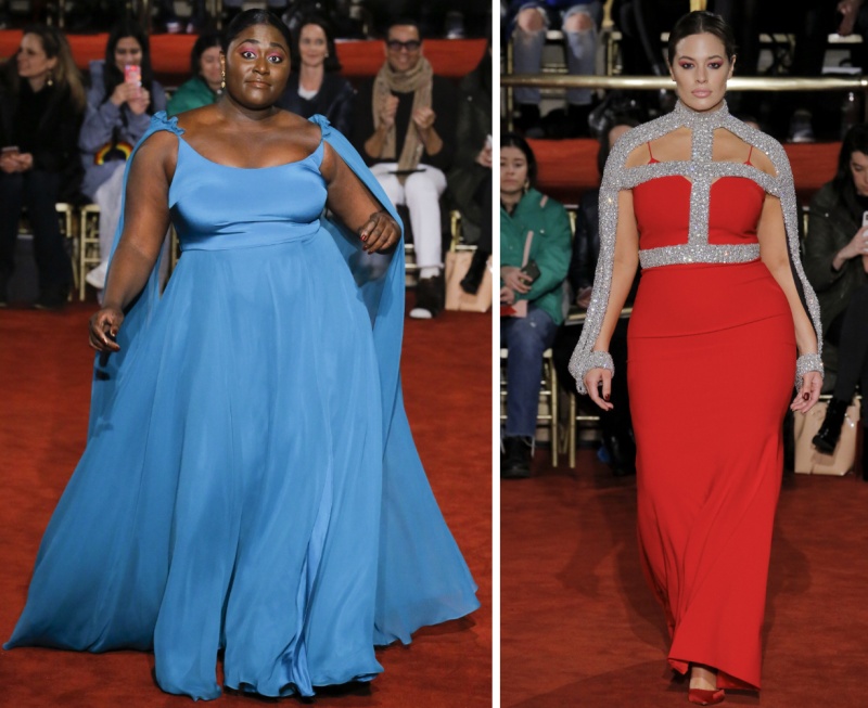 фасоны длинных вечерних платьев для полных женщин из голубой и красной ткани