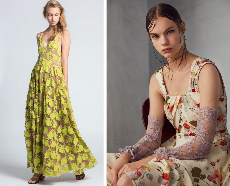 женственный сарафан салатового цвета с цветочными аппликациями,  шелковая модель платья-сарафана с защипами-складками на лифе и цветочным принтом