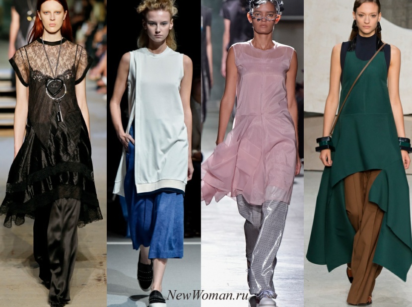 Модный тренд весенней моды – надевать платье поверх брюк