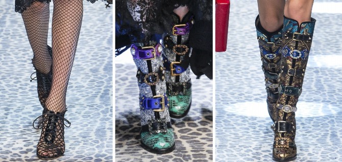 ботильоны в сеточку, ботфорты с пряжками от Dolce & Gabbana