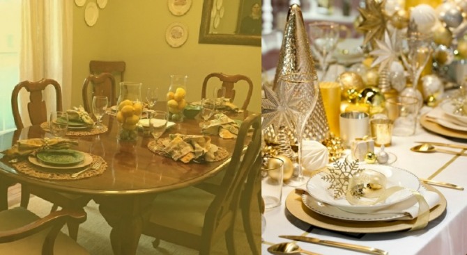 сервировка стола на новый год в зеленом, желтом, коричневом, белом цвете