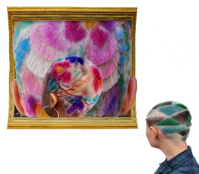 бритые женские головы с цветными фигурами и цветами из волос