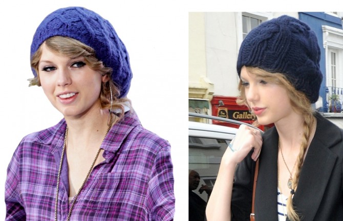 прическа низкий хвост и боковая коса в сочетании с зимней вязаной шапкой синего цвета