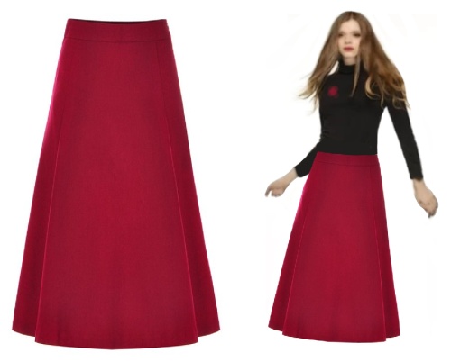 Тренд сезона - красная шерстяная зимняя юбка с заниженной талией расклешенного силуэта в сочетании с джемпером, заправленным в юбку.