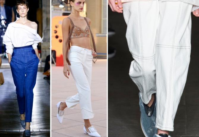 Самые модные джинсовые брюки сезона Весна-Лето 2018джинсовый тренд - простроченные контрастной нитью модели