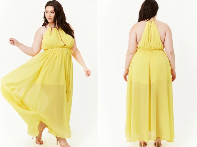 летние платья для полных 2018 - желтое макси в романтическом стиле