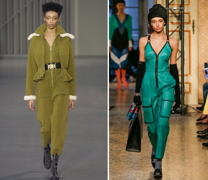 Temperley London, Emilio Pucci - модные фасоны женских комбинезонов 2019 - модели на молнии болотного и зеленого цвета