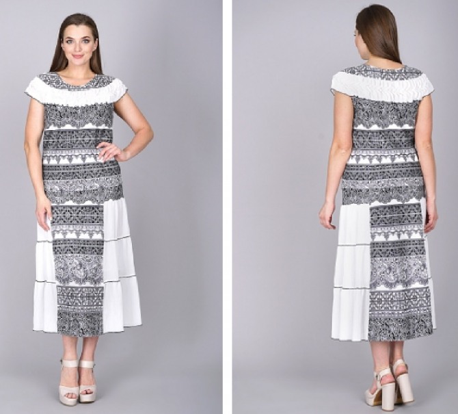 модное летнее платье для женщин 50 лет с этническим принтом и белыми вставками