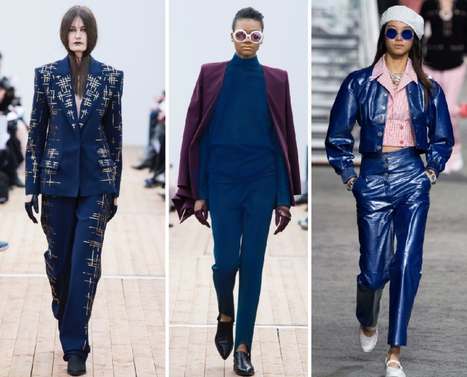 деловая мода 2019 от Guy Laroche, Chanel - женские брючные костюмы синего цвета