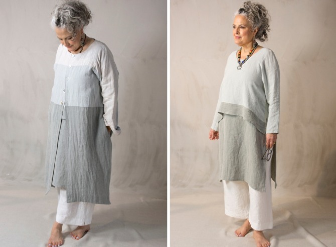 летнее платье-туника с брюками из льна на женщине 70 лет - комплект белое с серым для седых волос - стильно!