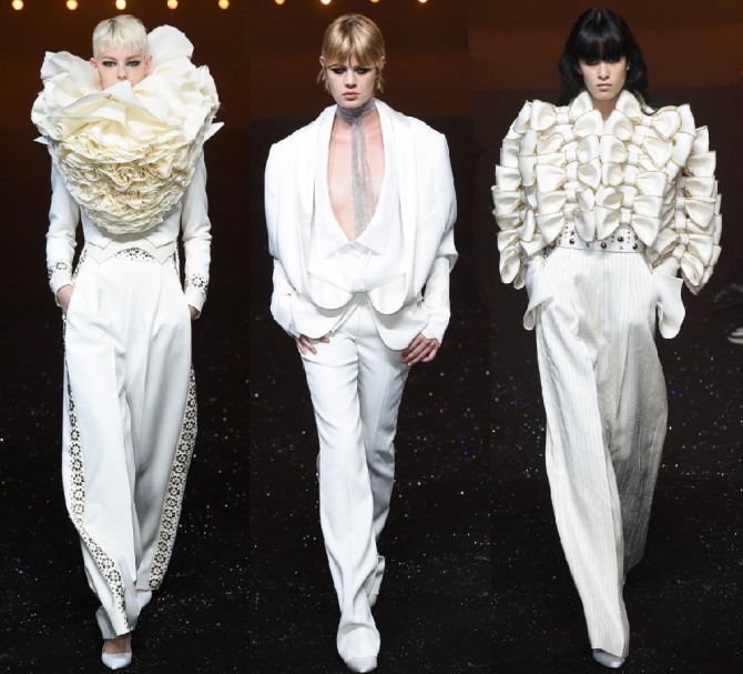 белые шикарные костюмы с объемным декором от бренда от бренда Viktor & Rolf