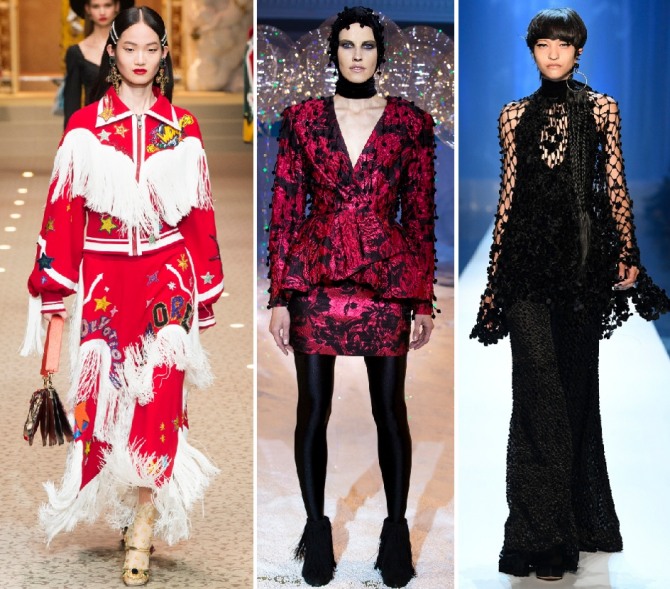 нарядный костюм 2019 в стиле спорт-шик, жакет с юбкой из жаккардовой ткани, костюм с вязаной накидкой-сеткой - Dolce & Gabbana, Keti Chkhikvadze, Jean Paul Gaultier