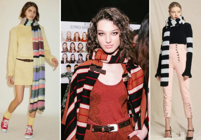модный шарф 2019 - это длинная модель с цветными или черно-белыми полосами