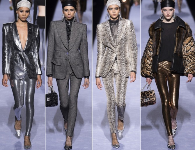 тенденции в брючной моде 2019 - легинсы и лосины - серебро, золото, животный принт