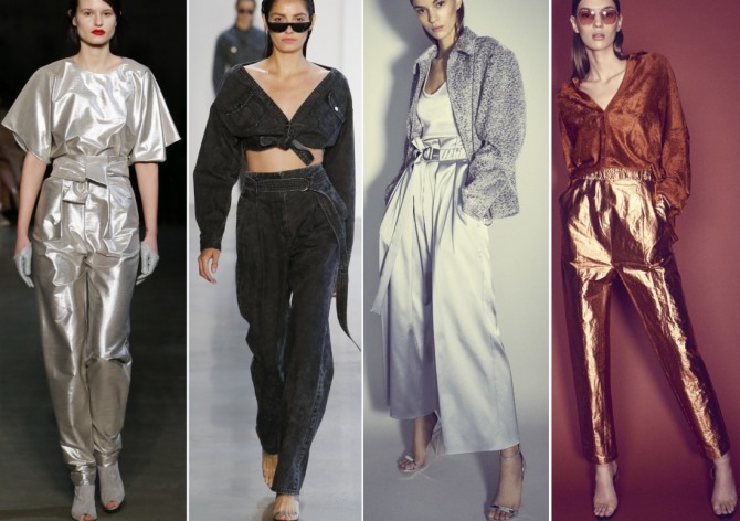 модные ткани для брюк 2019 - атлас, металлизированные ткани, деним