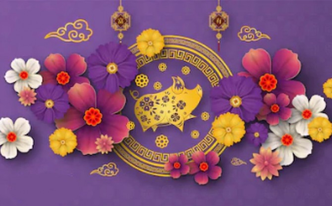 декор комнаты к новому году свиньи в китайском стиле с цветами