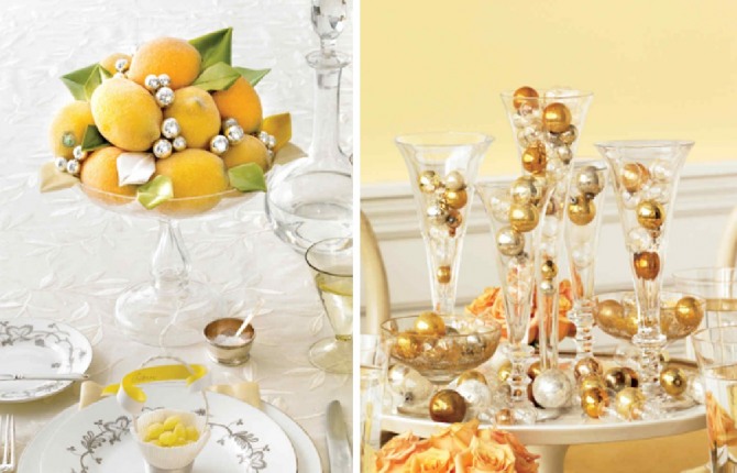оформление новогоднего праздника в год Свиньи при помощи апельсинов и золотых серебряных пластмассовых стеклянных шаров разной величины