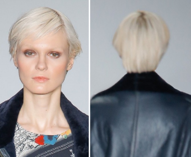 модная стрижка для средних тонких и редких волос для блондики - вид спереди и сзади