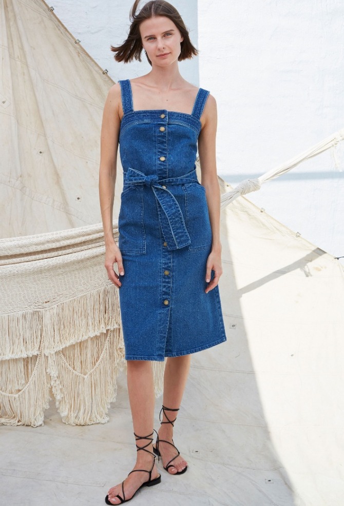 джинсовое летнее платье 2019 на лямках с вертикальной застежкой на пуговицы