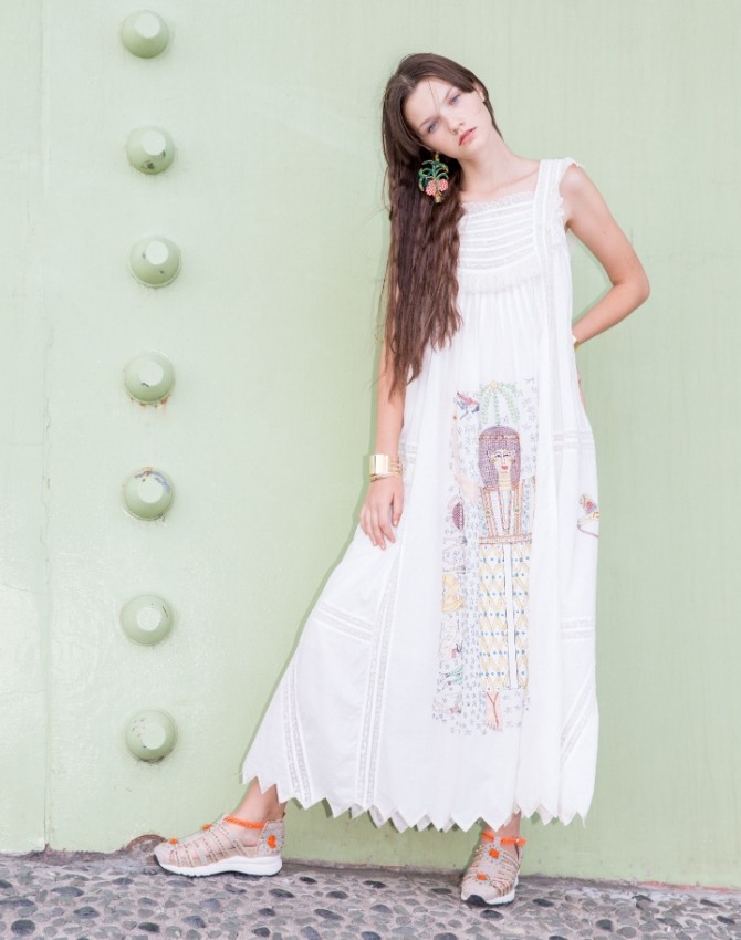 белое платье свободное широкое летнее платье с фотопринтом и зубчатым подолом