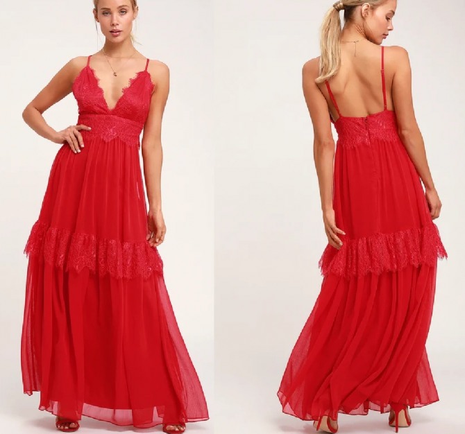 красное платье из полиэстера с отделкой из красного кружева - в бельевом стиле, с обнаженной спиной и воланами