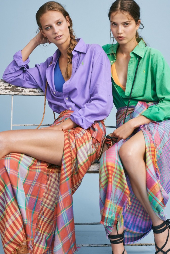 цветные однотонные летние блузки 2019 с юбками в клетку длиною макси
