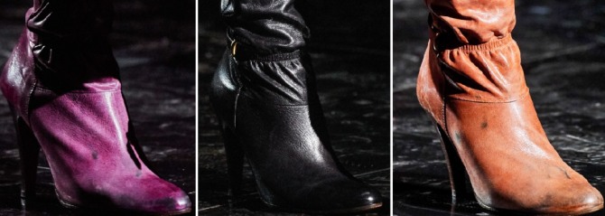 Модные женские сапоги черные и цветные - скошенный каблук, потертости на коже, резинка-кулиска на голенище, металлическая фурнитура