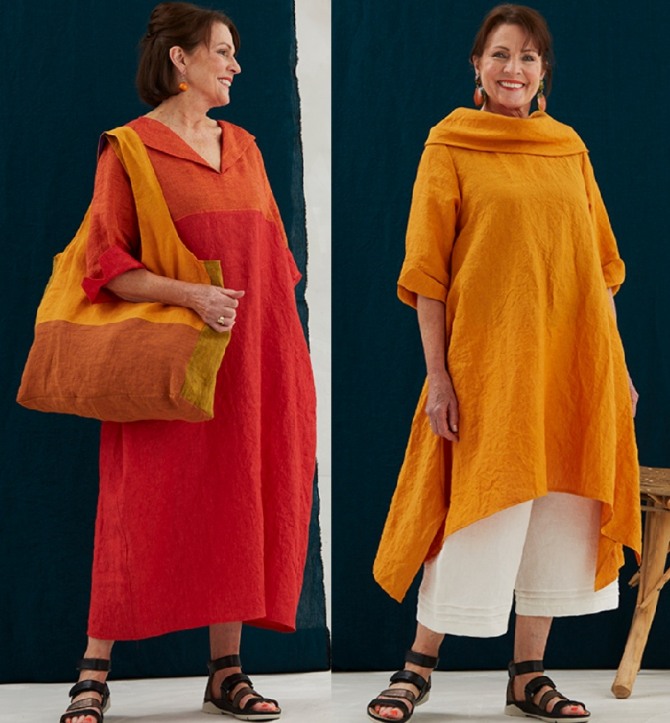 дизайнерские идеи стильных летних цветных платьев из льна для женщин 50+