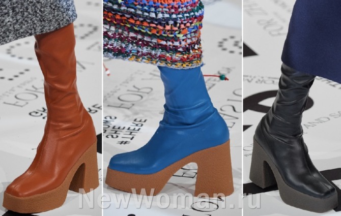 женские дизайнерские двухцветные сапоги с модных показов осень-зима 2019-2020 на толстой каучуковой платформе