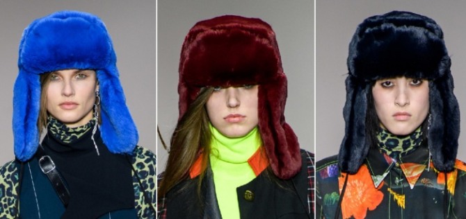 теплые шапки-ушанки из цветного меха с мировых подиумов осень-зима 2019-2020