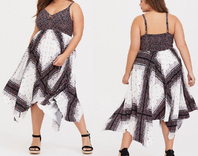 летняя мода для пышек 2019 года - платье из платков с асимметричным подолом