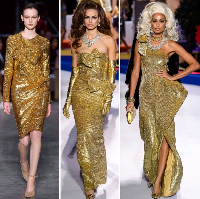 золотые новогодние платья с бантами и цветами из той же ткани