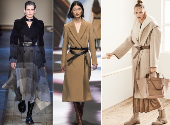 женское пальто с кожаным ремнем - дизайнерские модели с модных показов